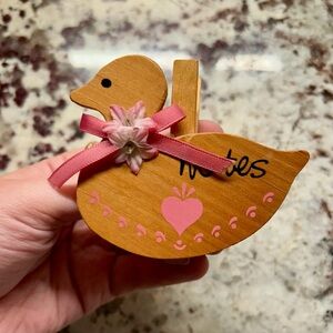 Wooden Duck Bird Magnet Clip with Pink Accents